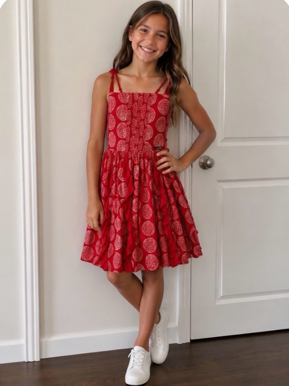 Girls Playful Red Printed Sundress with Smocked Bodice and Tie Straps